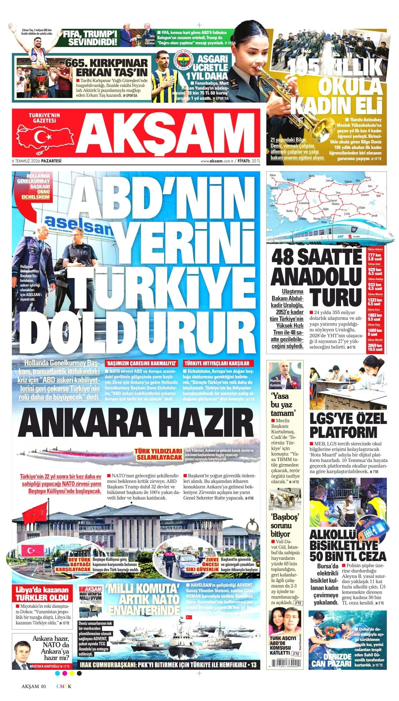Akşam Gazetesi birinci sayfası - 6 Temmuz 2026