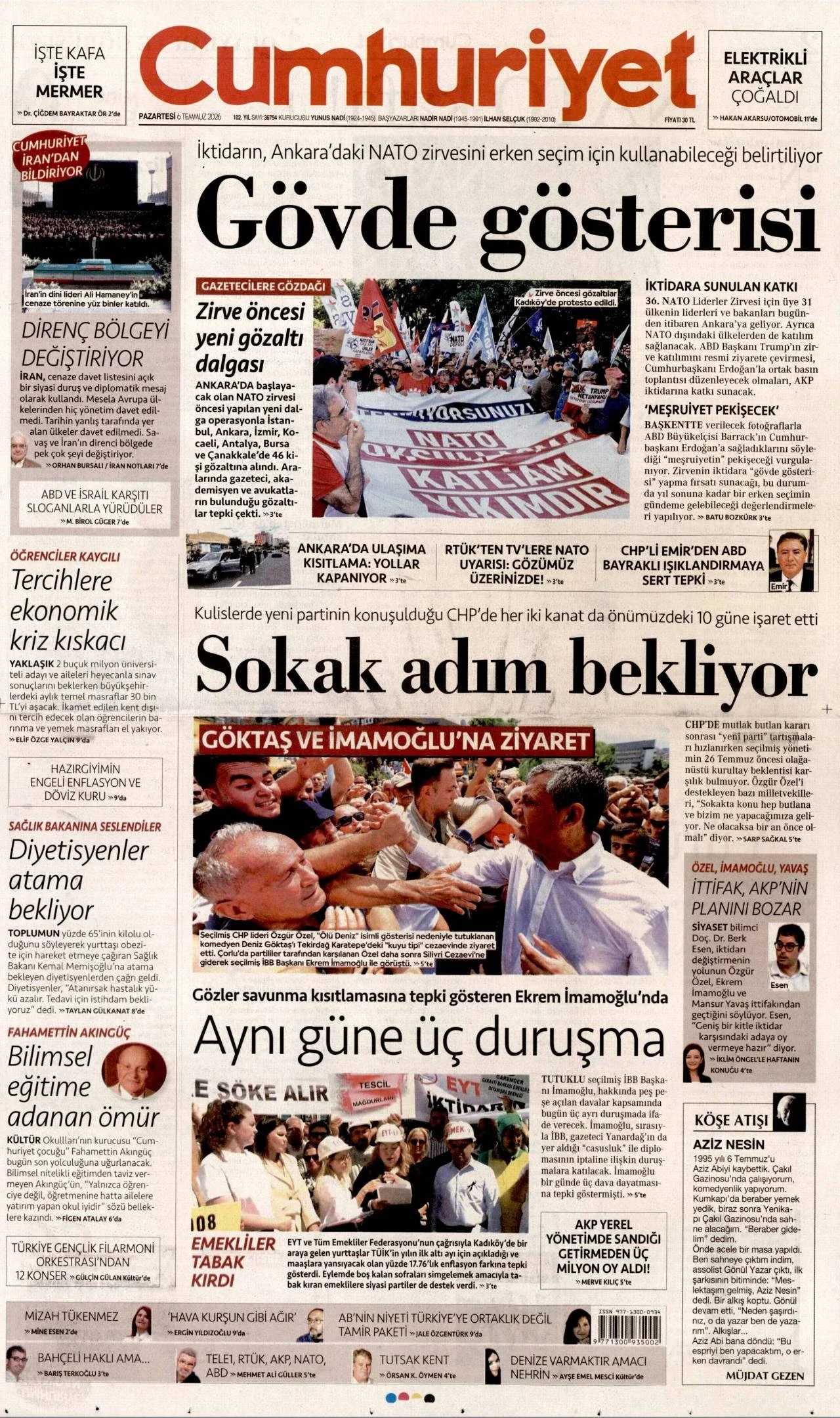 Cumhuriyet Gazetesi birinci sayfası - 6 Temmuz 2026
