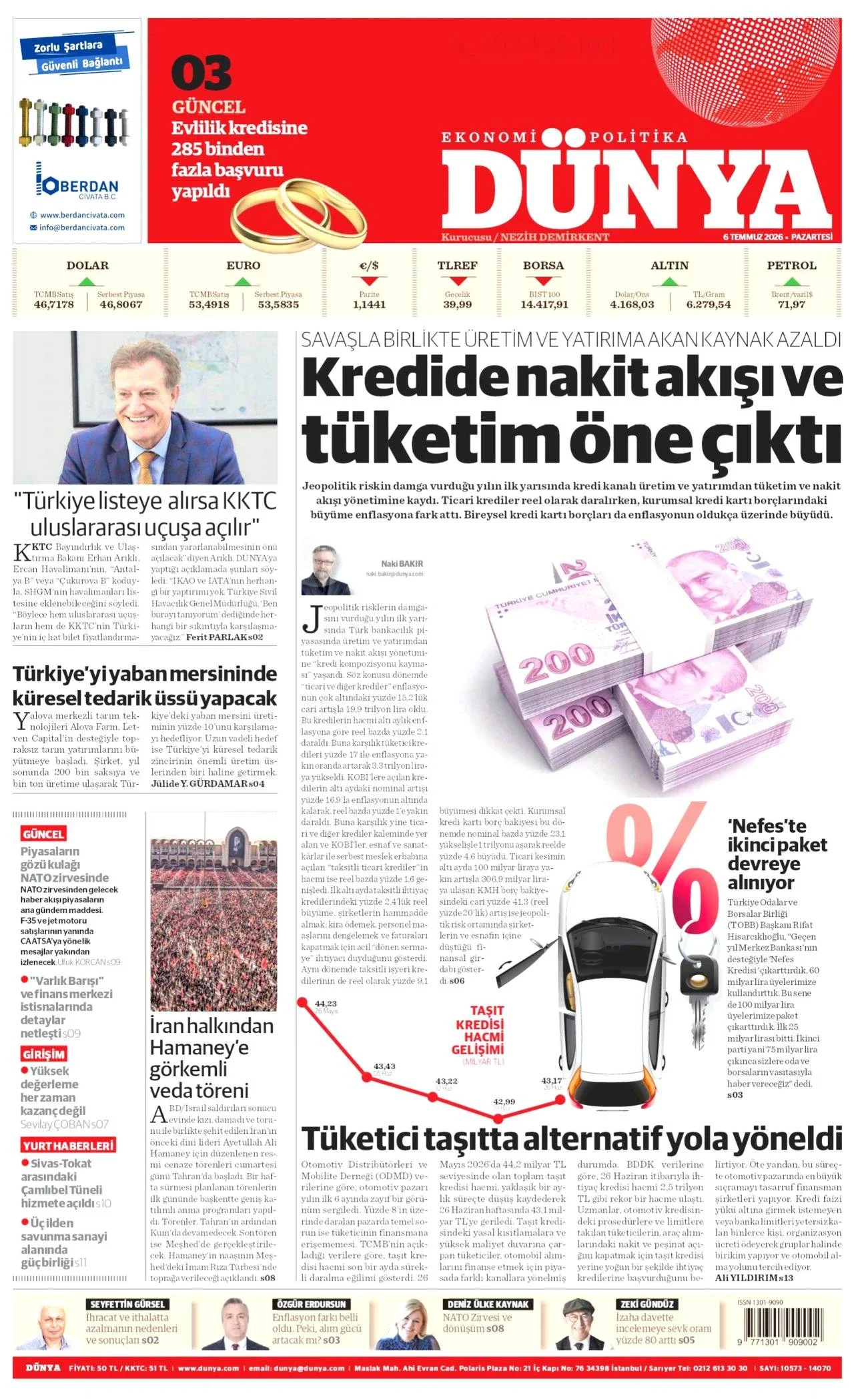 Dünya Gazetesi birinci sayfası - 6 Temmuz 2026