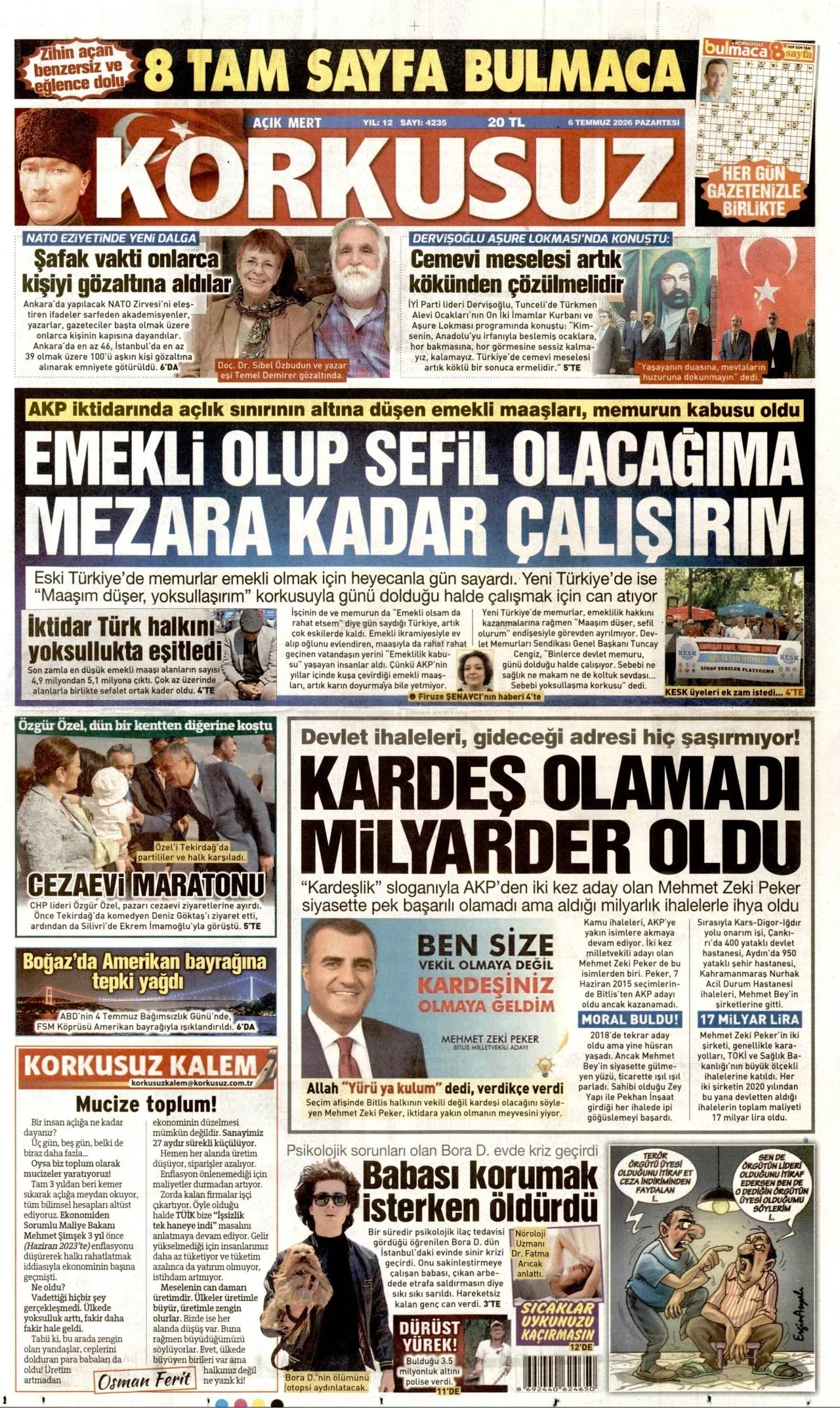 Korkusuz Gazetesi birinci sayfası - 6 Temmuz 2026