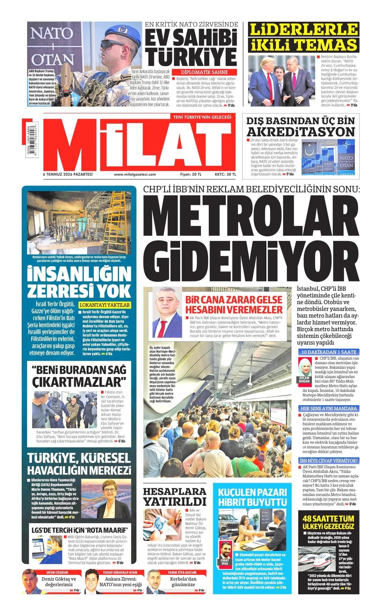 Milat Gazetesi birinci sayfası - 6 Temmuz 2026