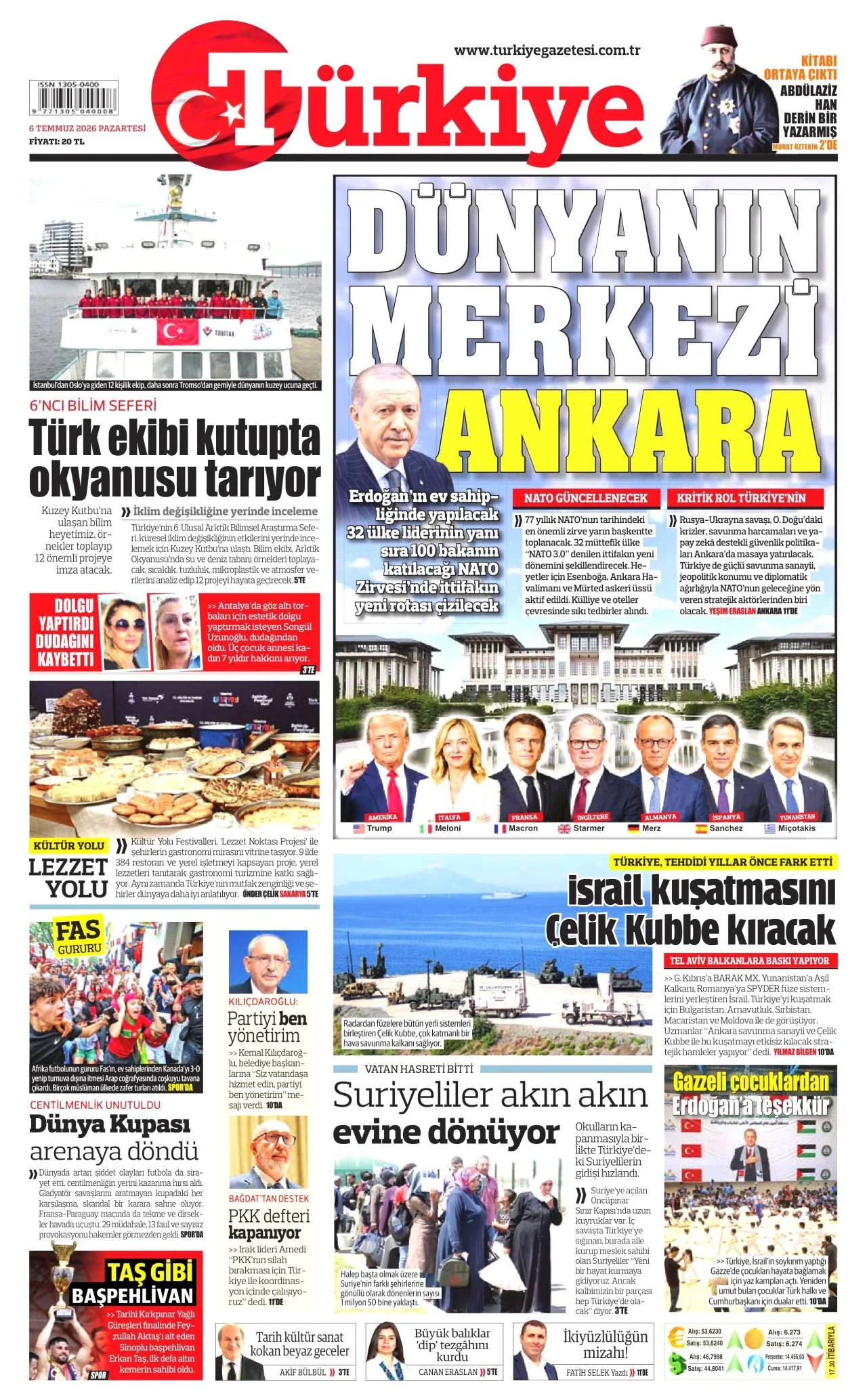 Türkiye Gazetesi birinci sayfası - 6 Temmuz 2026