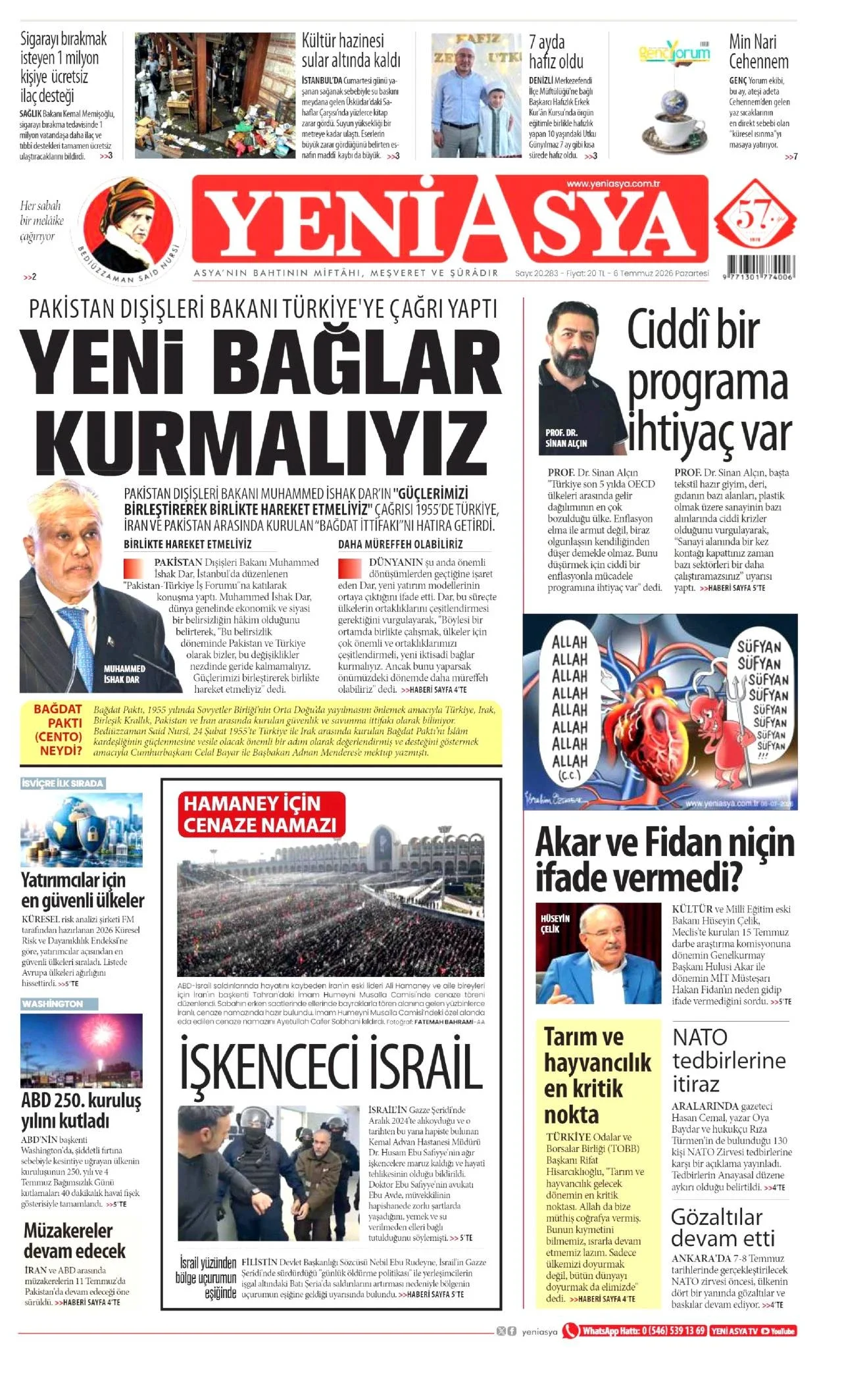 Yeni Asya Gazetesi birinci sayfası - 6 Temmuz 2026