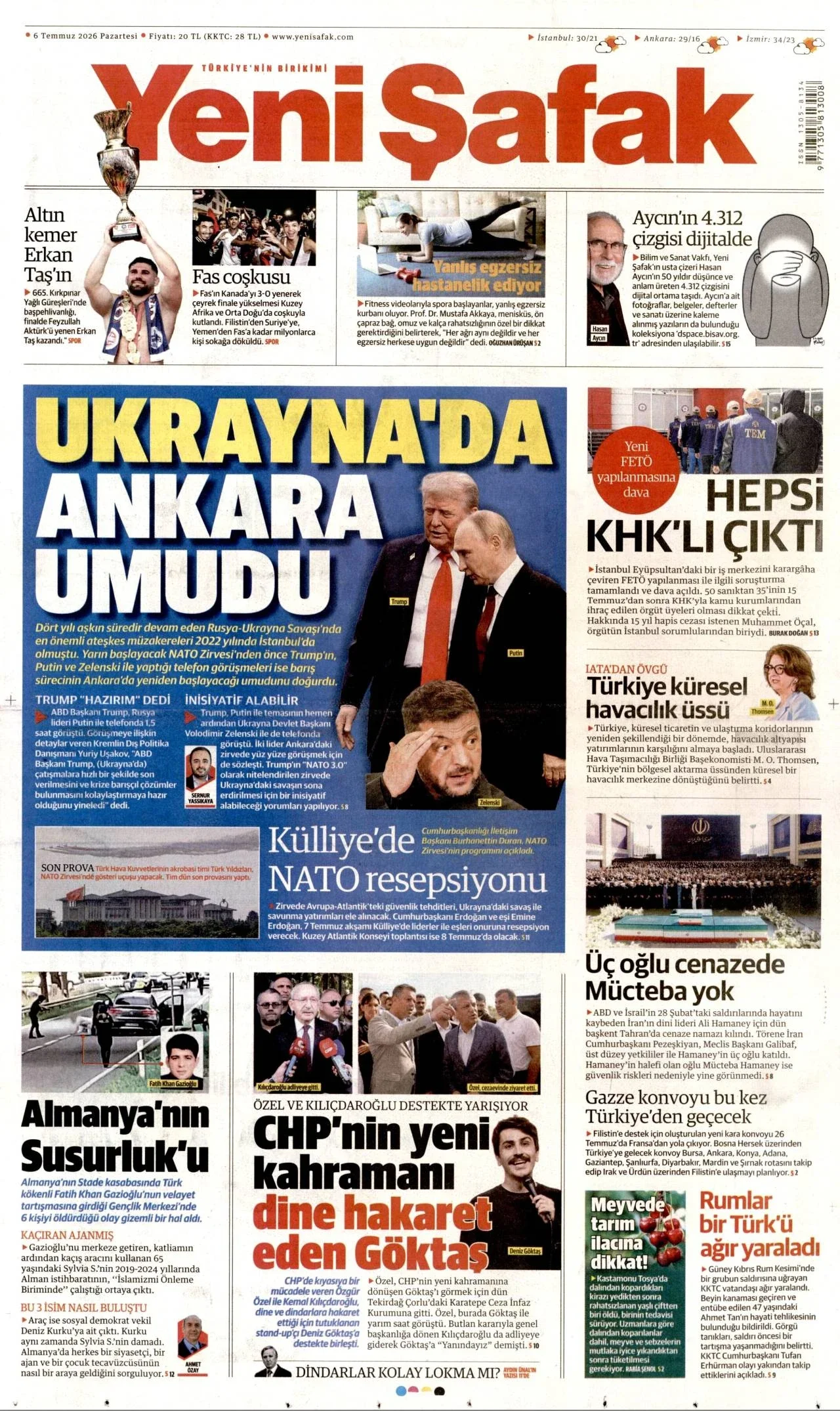 Yeni Şafak Gazetesi birinci sayfası - 6 Temmuz 2026