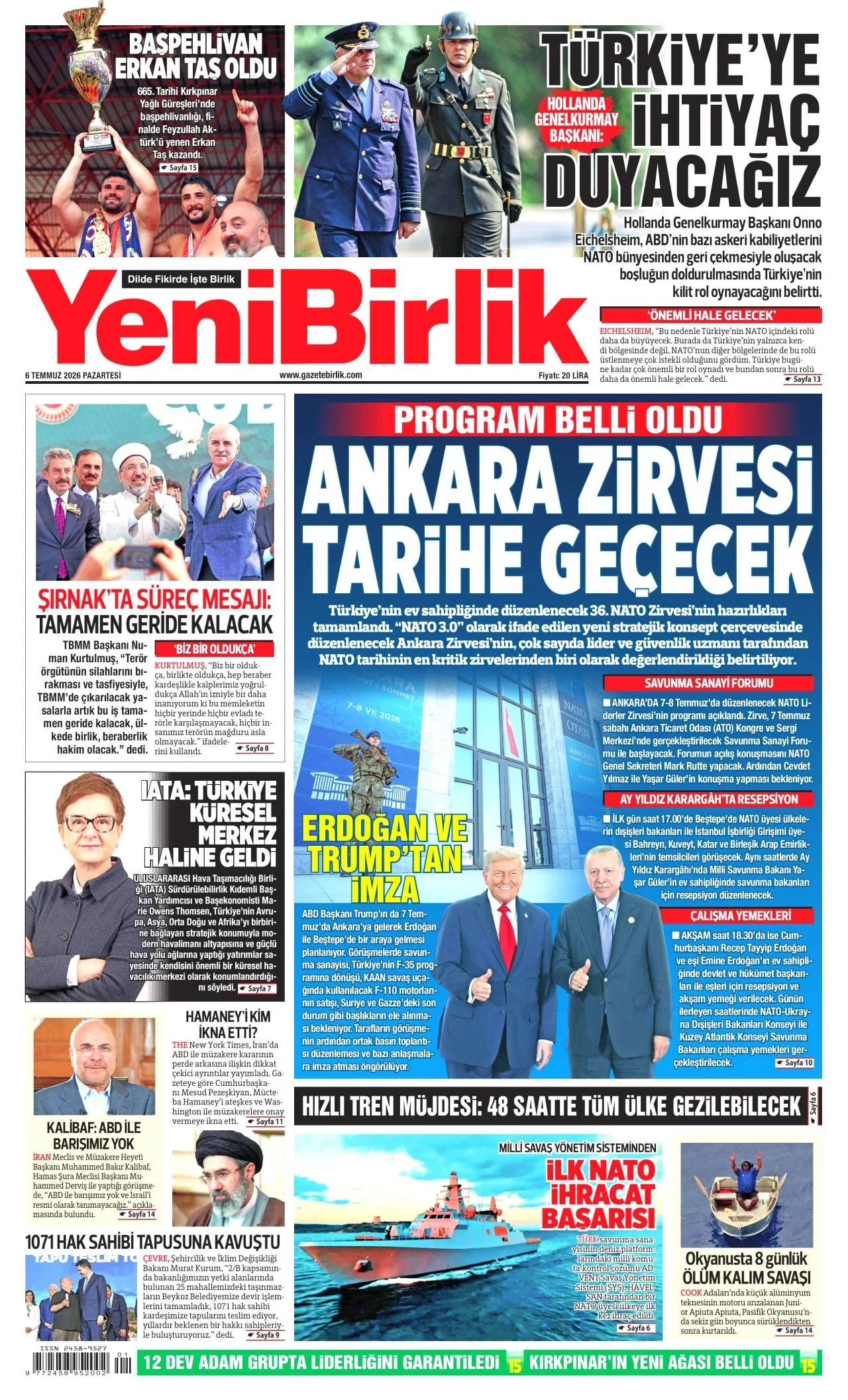 Yeni Birlik Gazetesi birinci sayfası - 6 Temmuz 2026