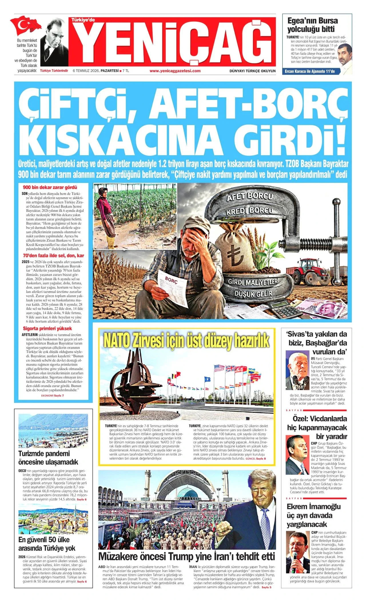 Yeniçağ Gazetesi birinci sayfası - 6 Temmuz 2026
