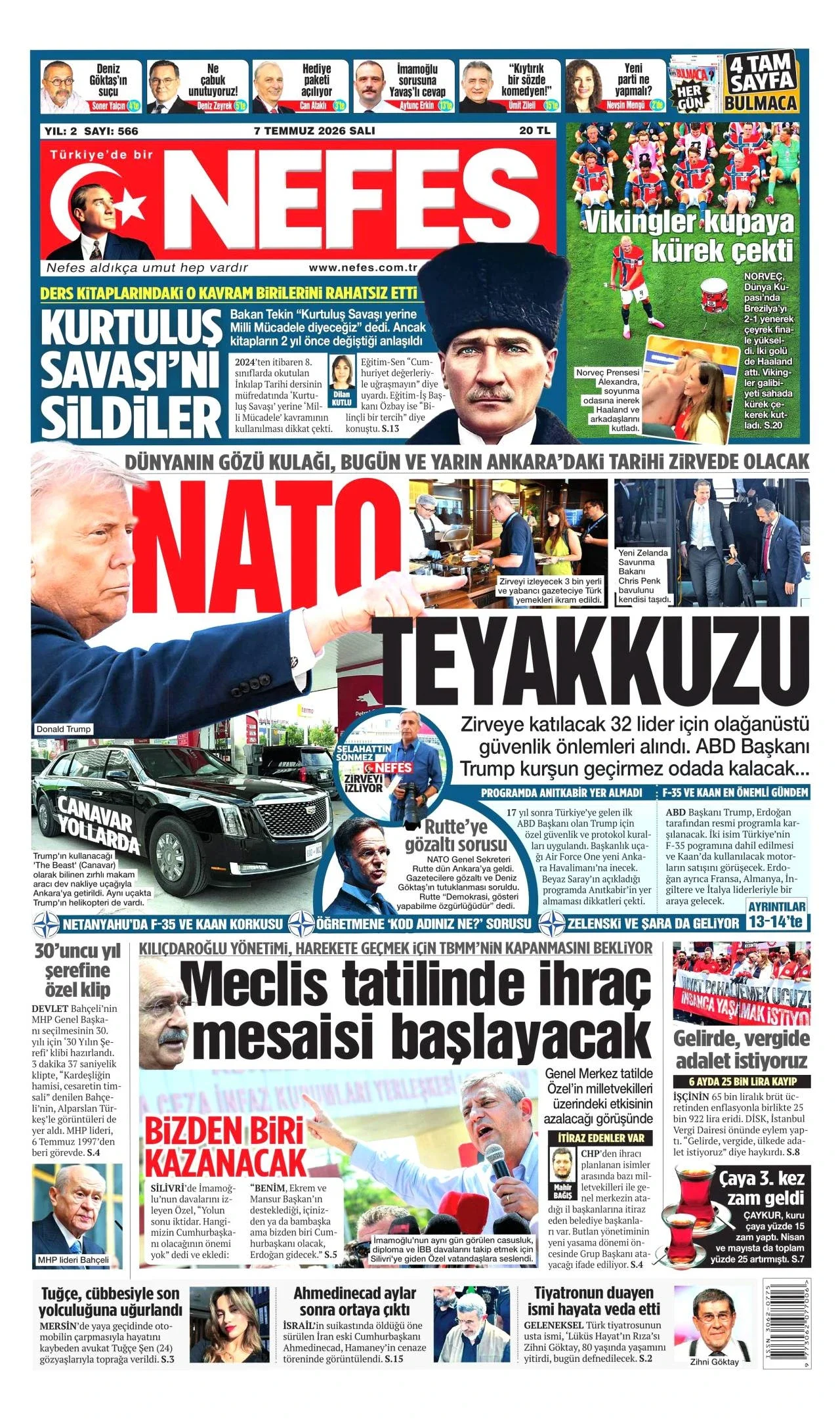 Nefes Gazetesi birinci sayfası - 7 Temmuz 2026