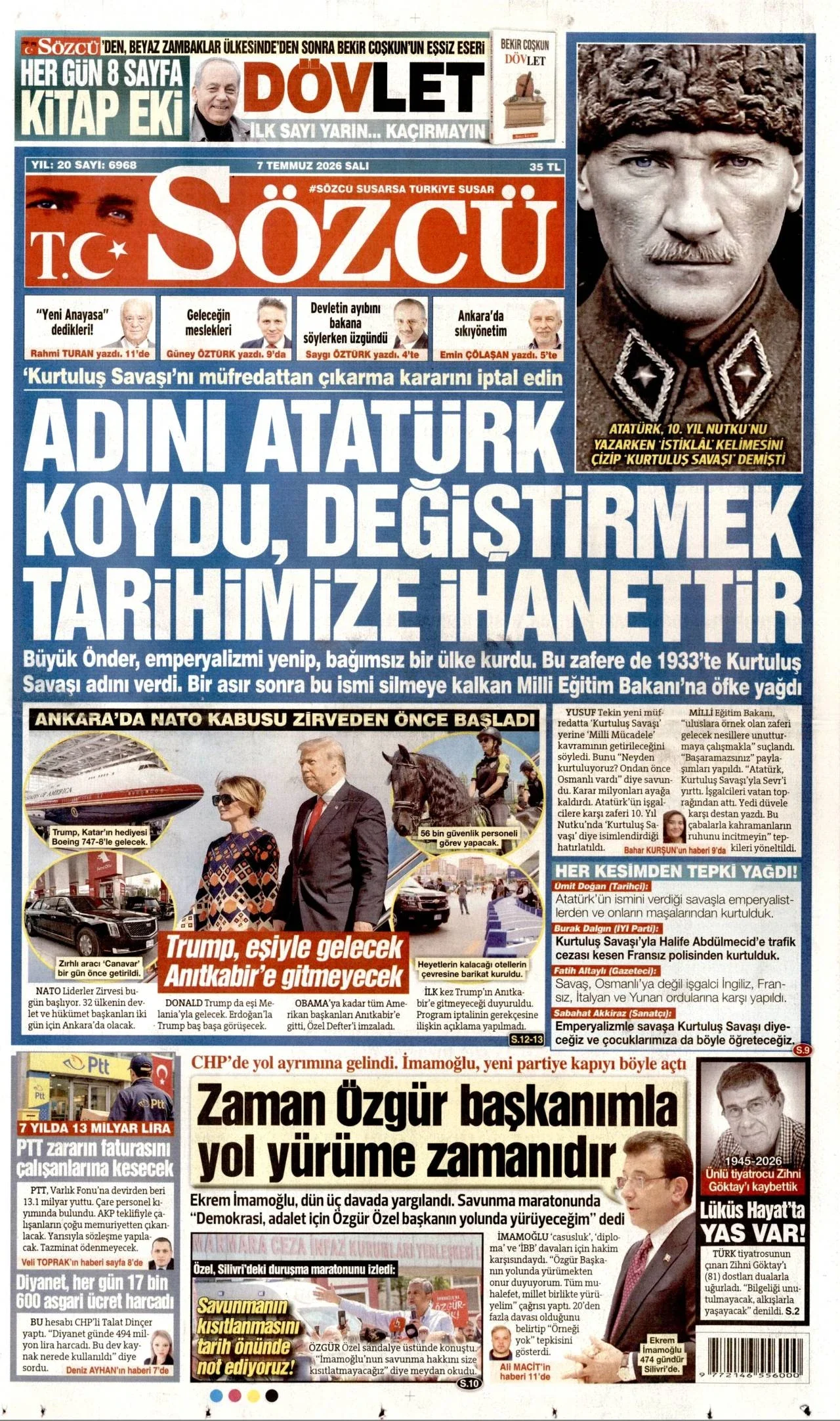 Sözcü Gazetesi birinci sayfası - 7 Temmuz 2026