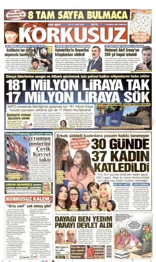 Korkusuz Gazetesi 11 Temmuz 2026 günün manşeti