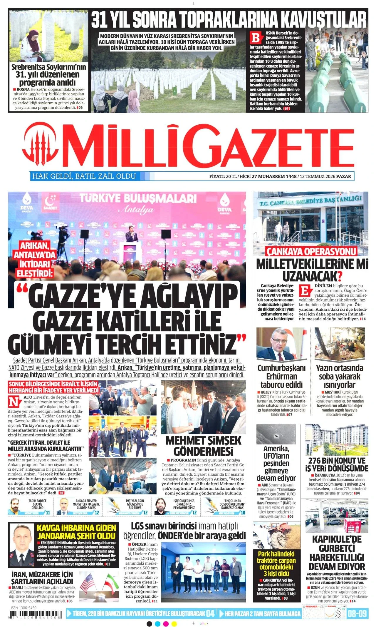 Milli Gazete - 12 Temmuz 2026 günün manşeti