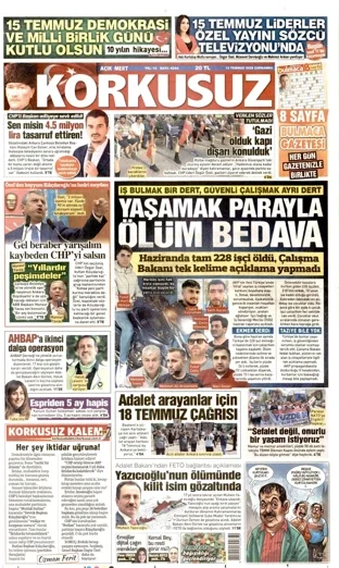 Korkusuz Gazetesi 15 Temmuz 2026 günün manşeti