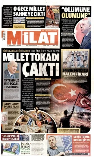 Milat Gazetesi 15 Temmuz 2026 günün manşeti