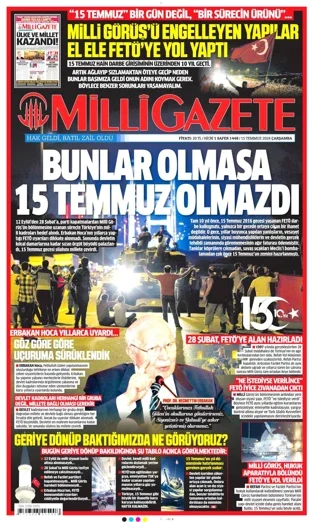 Milli Gazete 15 Temmuz 2026 günün manşeti