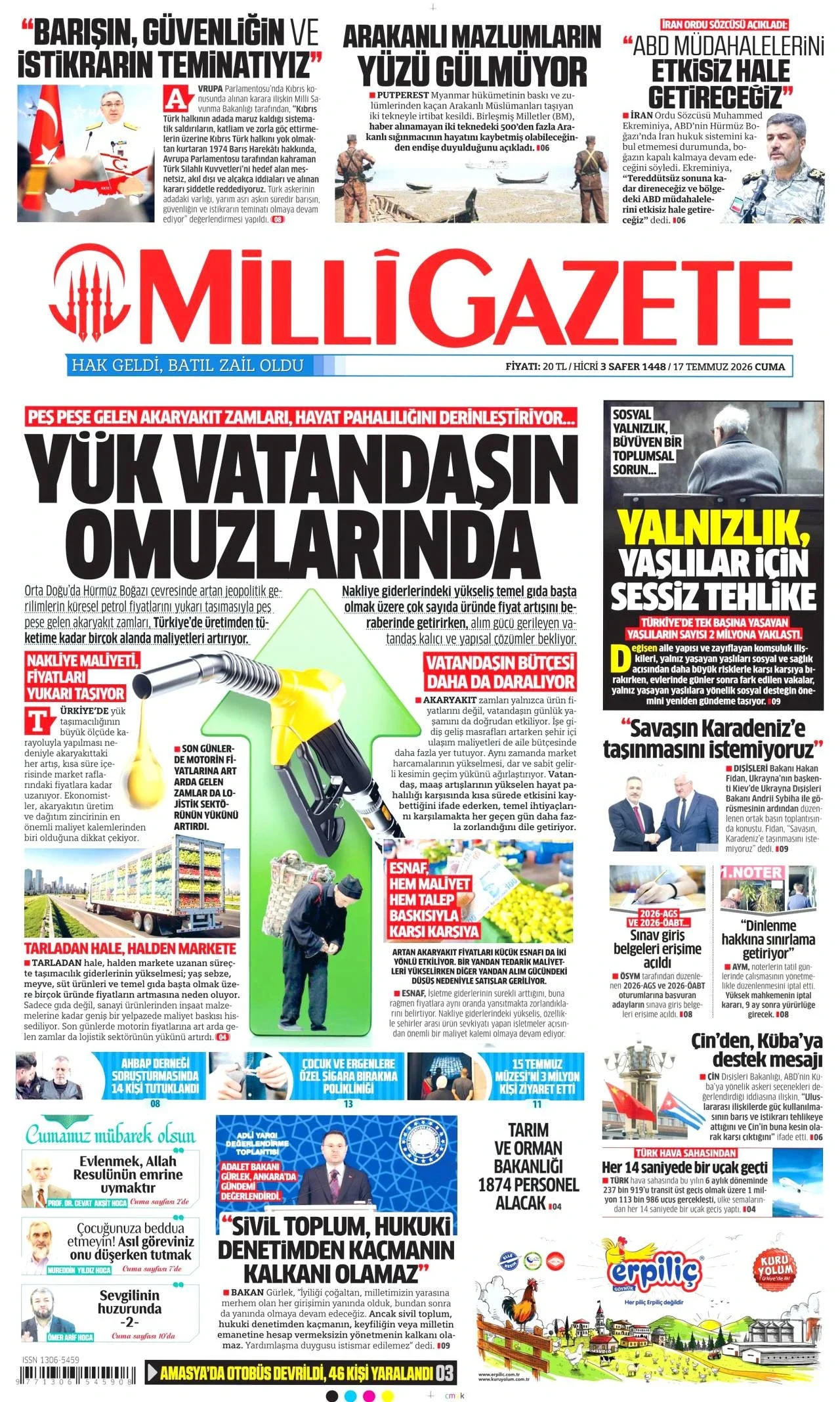 Milli Gazete - 17 Temmuz 2026 günün manşeti