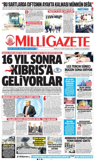 Milli Gazete 27 Temmuz 2026 günün manşeti