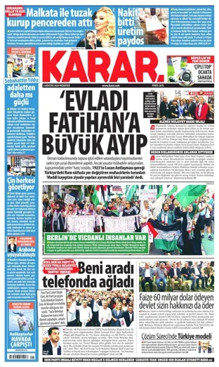 Karar Gazetesi 3 Ağustos 2026 günün manşeti