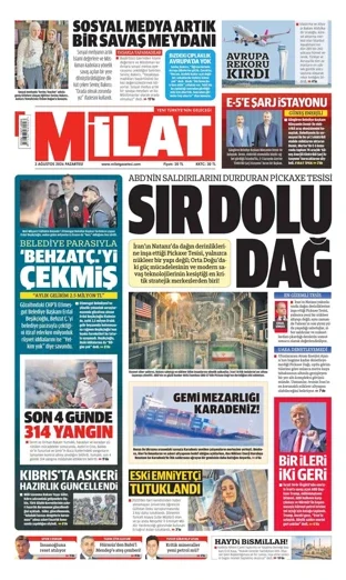 Milat Gazetesi 3 Ağustos 2026 günün manşeti