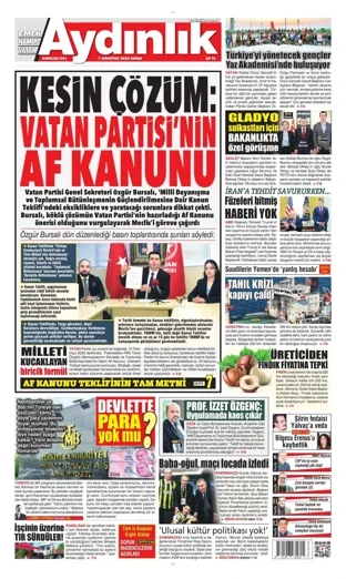Aydınlık Gazetesi 7 Ağustos 2026 günün manşeti
