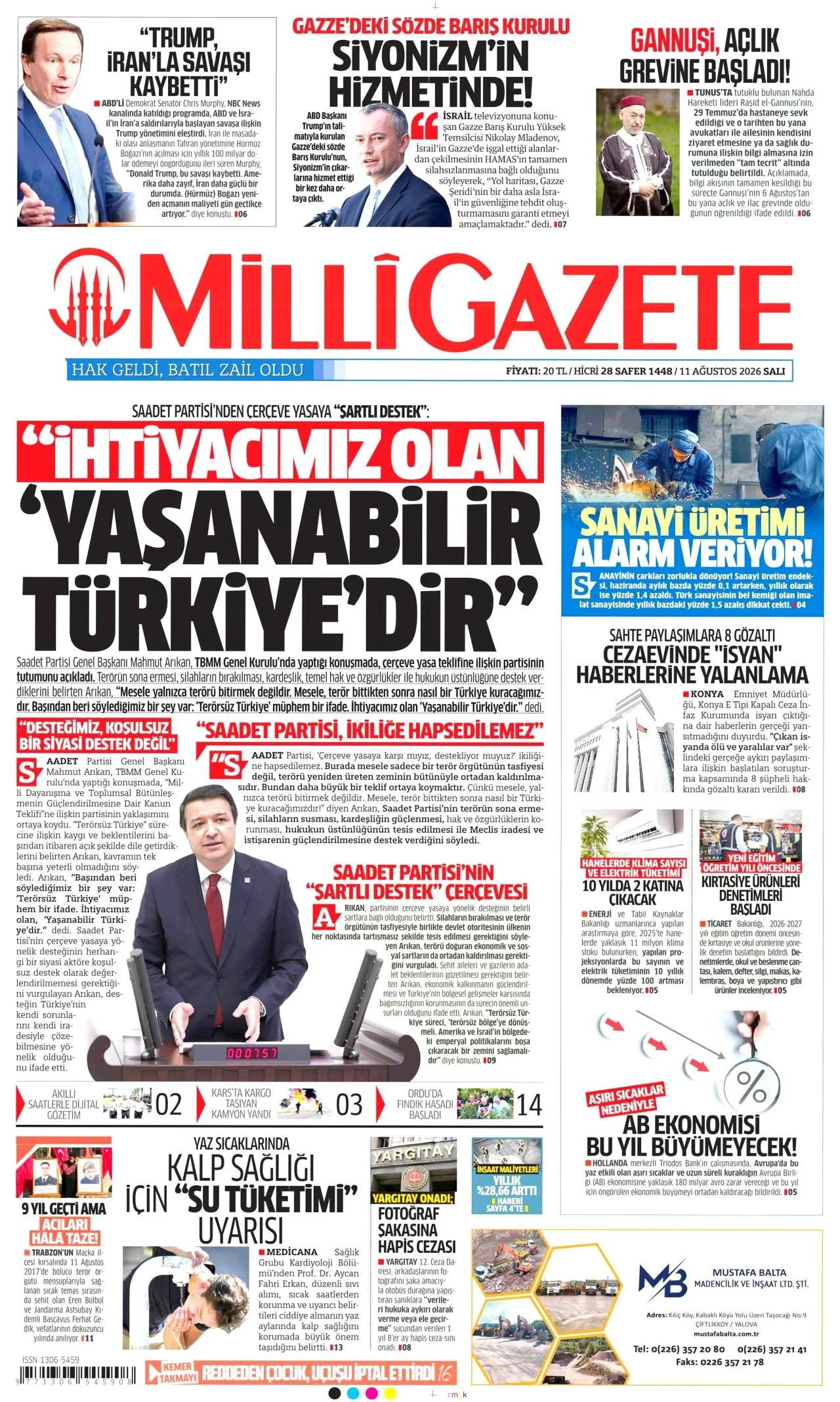 Milli Gazete - 11 Ağustos 2026 günün manşeti