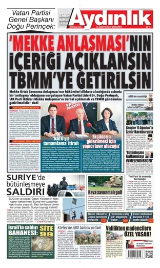 Aydınlık Gazetesi 12 Ağustos 2026 günün manşeti