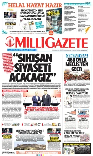 Milli Gazete 12 Ağustos 2026 günün manşeti