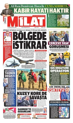 Milat Gazetesi 14 Ağustos 2026 günün manşeti