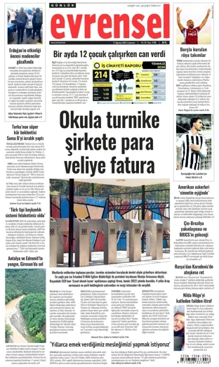 Evrensel Gazetesi 15 Ağustos 2026 günün manşeti