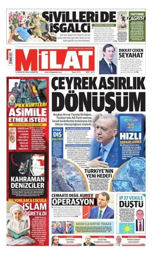 Milat Gazetesi 15 Ağustos 2026 günün manşeti