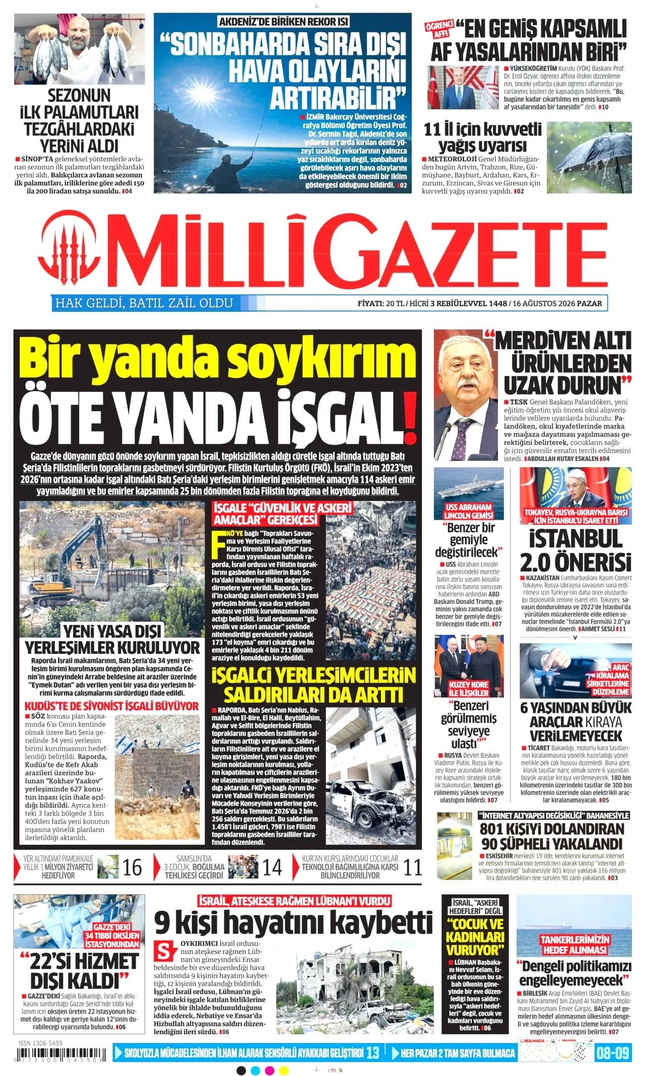 Milli Gazete - 16 Ağustos 2026 günün manşeti