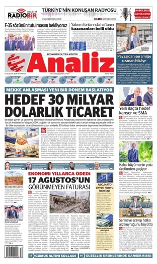 Analiz Gazetesi 17 Ağustos 2026 günün manşeti