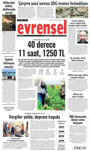 Evrensel Gazetesi 17 Ağustos 2026 günün manşeti
