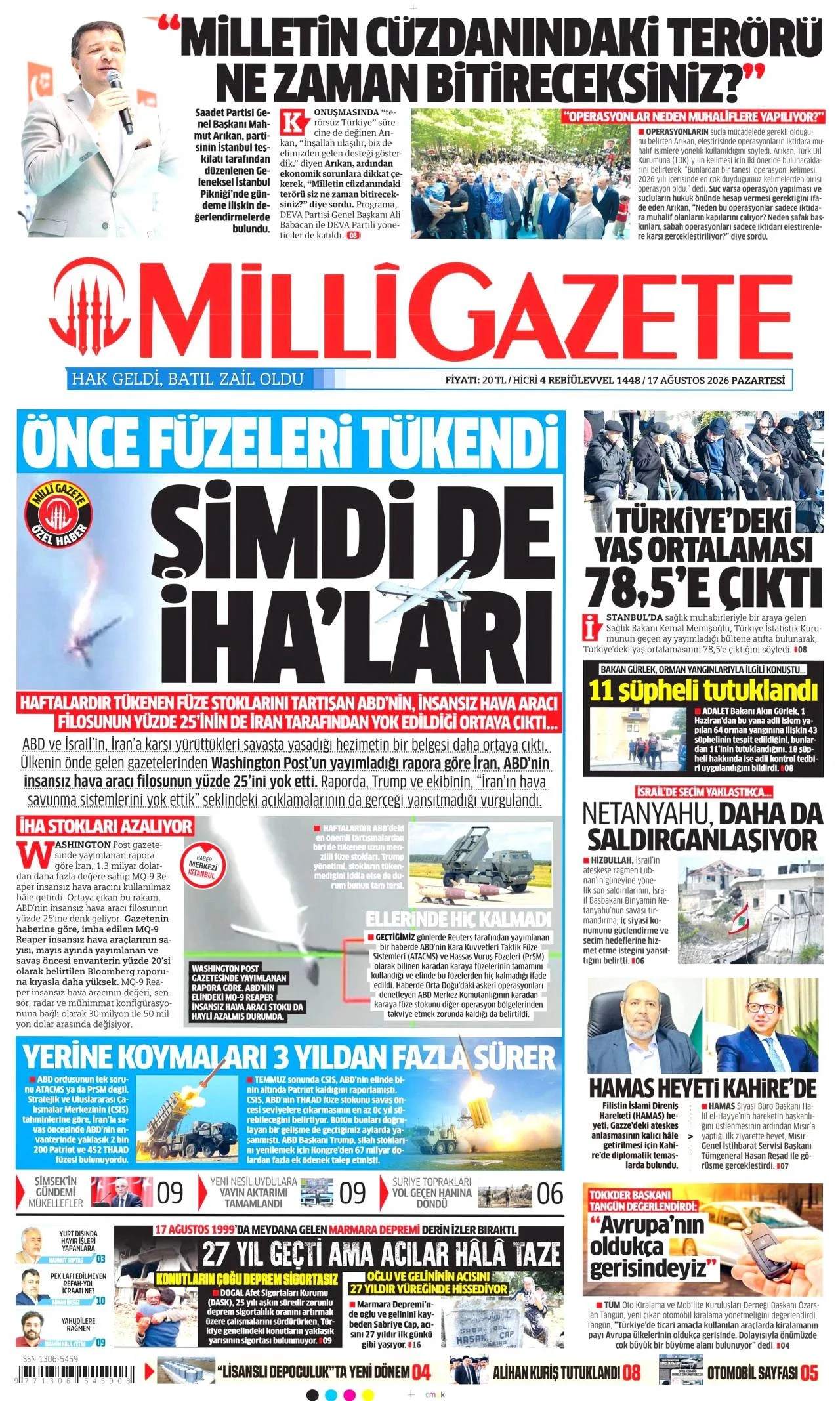Milli Gazete - 17 Ağustos 2026 günün manşeti