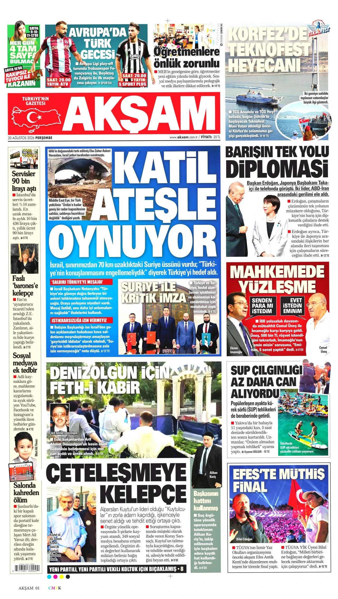 Akşam Gazetesi birinci sayfası - 20 Ağustos 2026