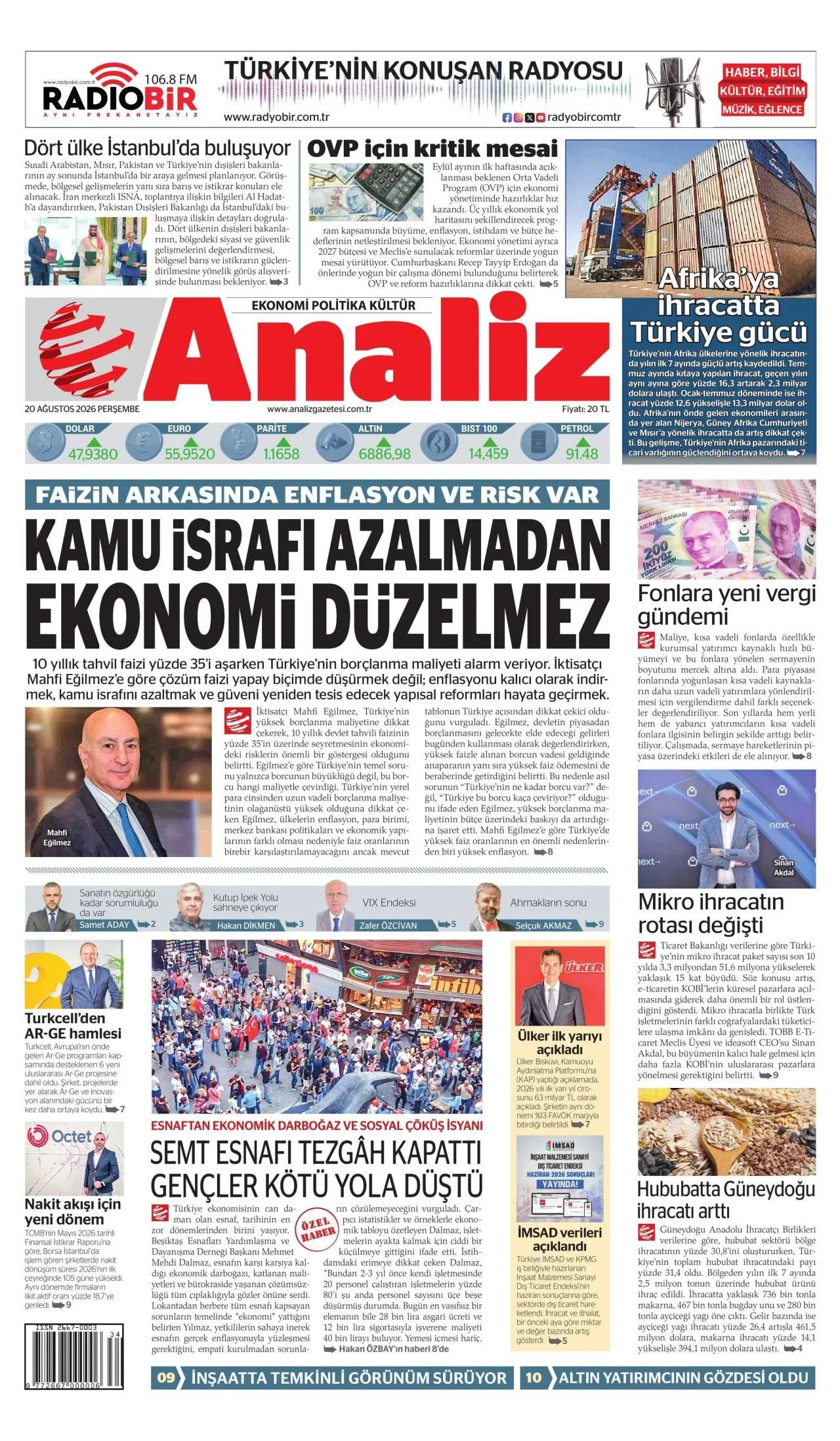 Analiz Gazetesi birinci sayfası - 20 Ağustos 2026