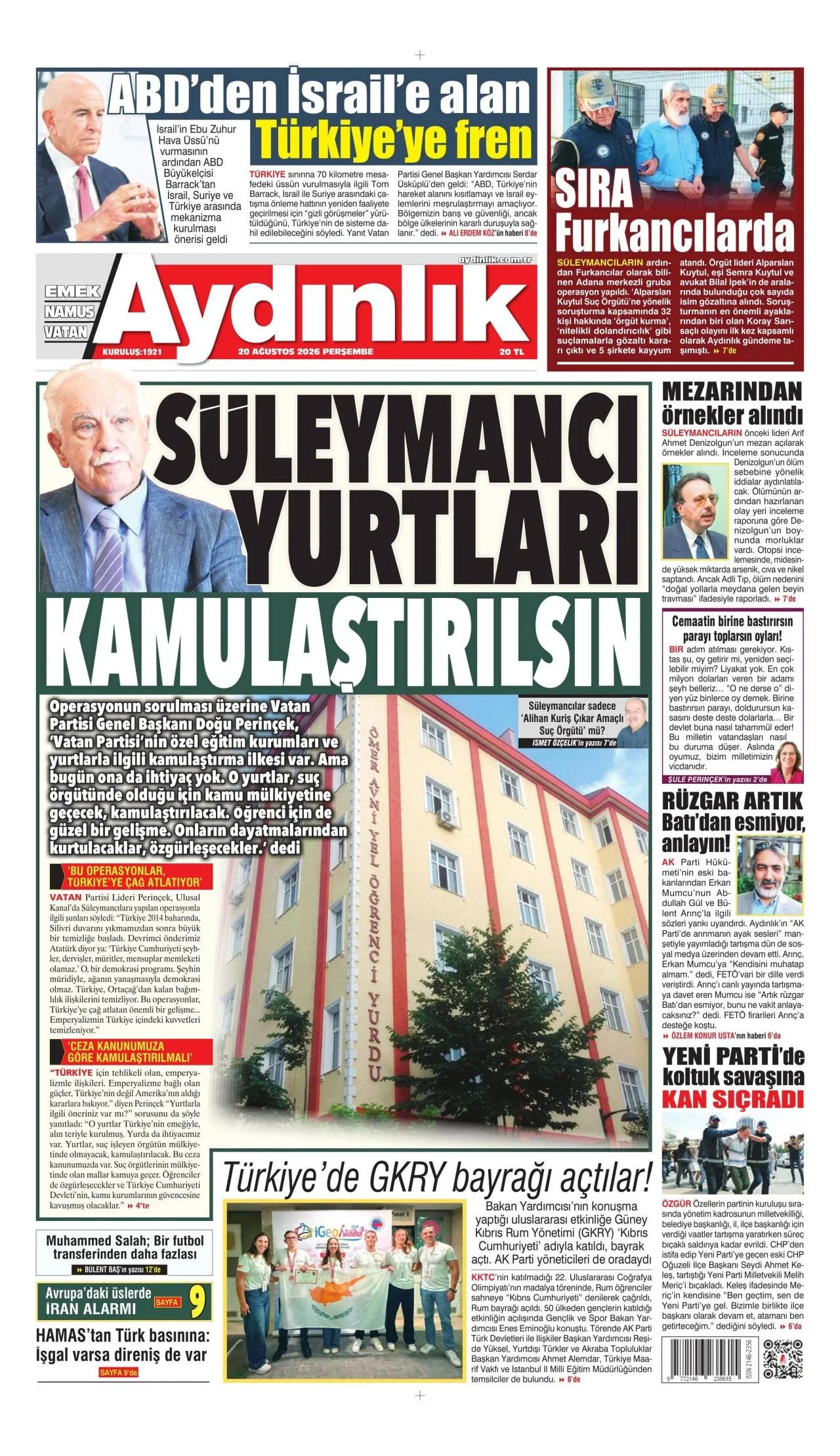 Aydınlık Gazetesi birinci sayfası - 20 Ağustos 2026