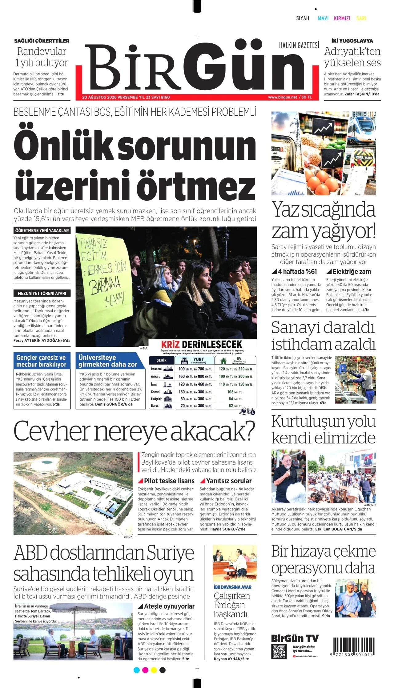 Birgün Gazetesi birinci sayfası - 20 Ağustos 2026