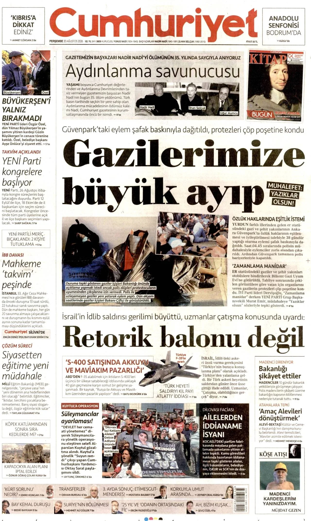 Cumhuriyet Gazetesi birinci sayfası - 20 Ağustos 2026