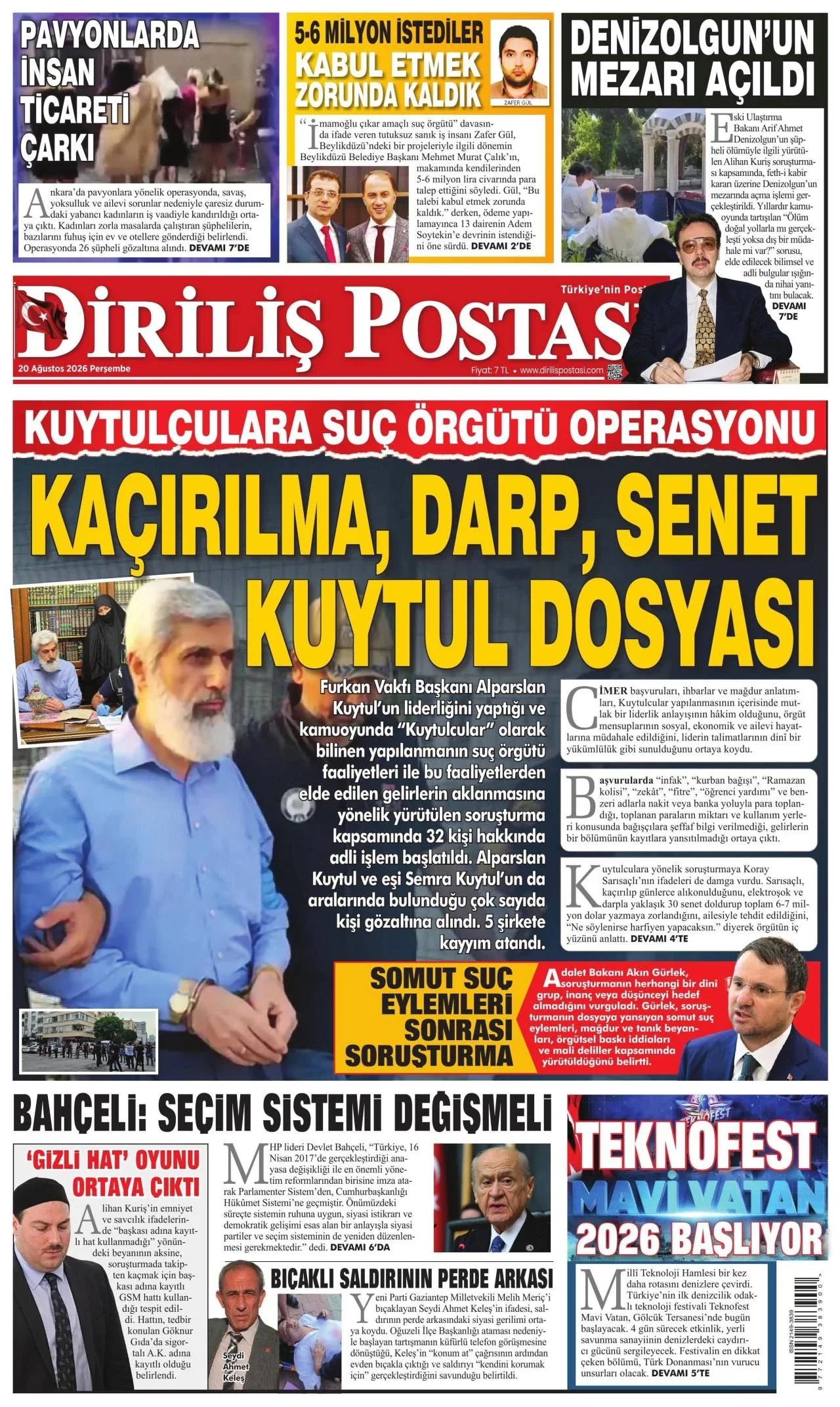 Diriliş Postası Gazetesi birinci sayfası - 20 Ağustos 2026