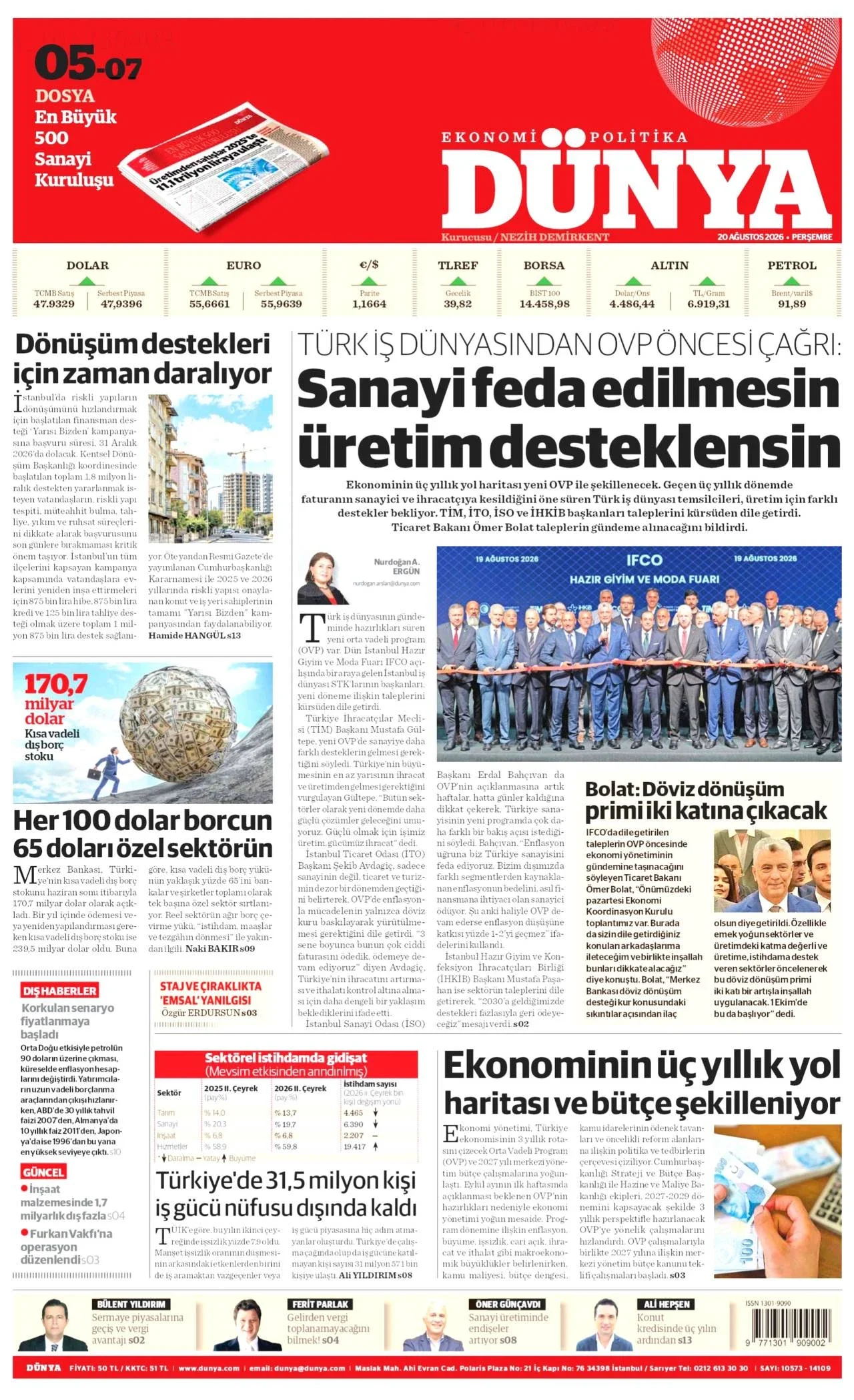 Dünya Gazetesi birinci sayfası - 20 Ağustos 2026
