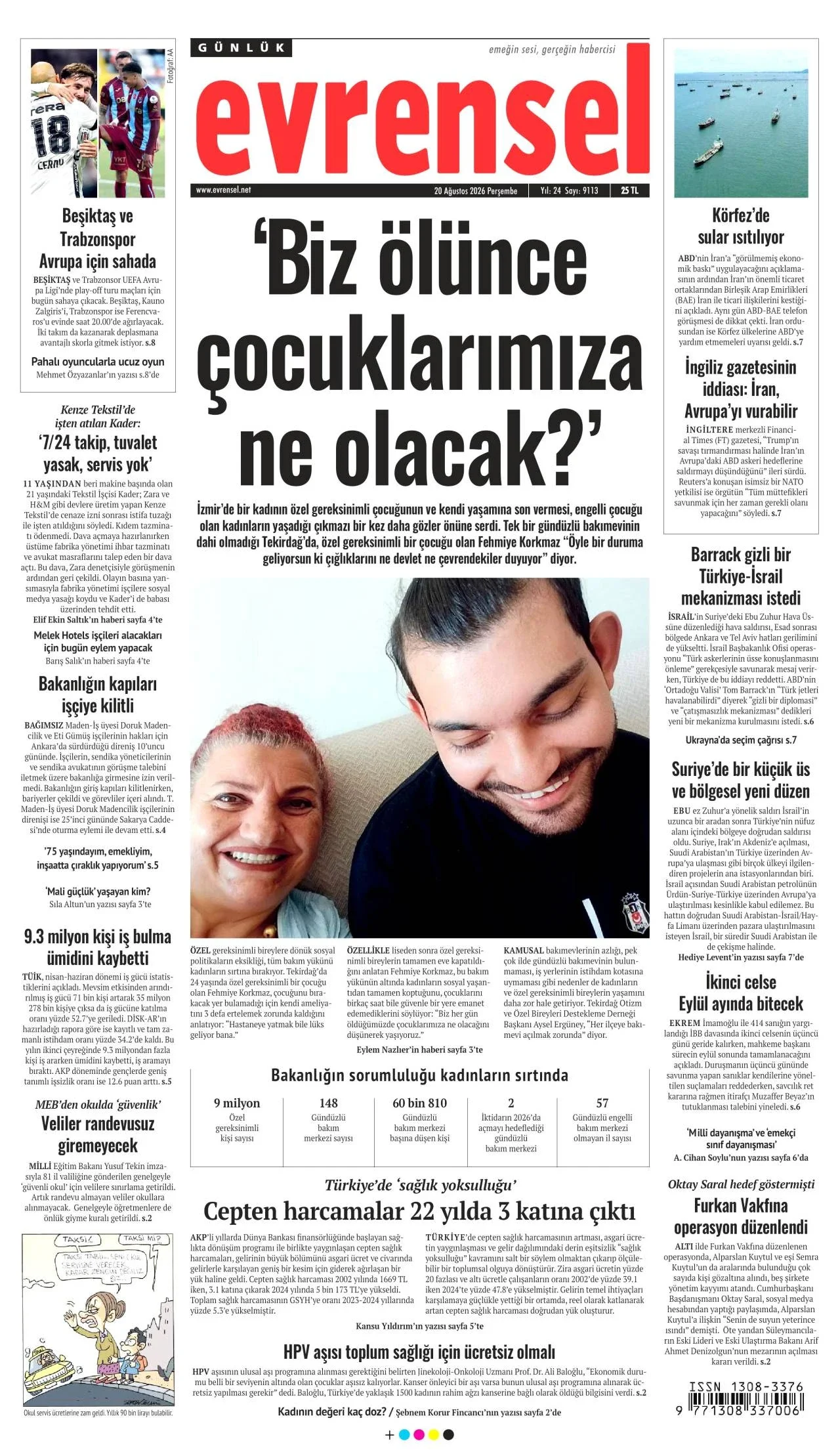 Evrensel Gazetesi birinci sayfası - 20 Ağustos 2026