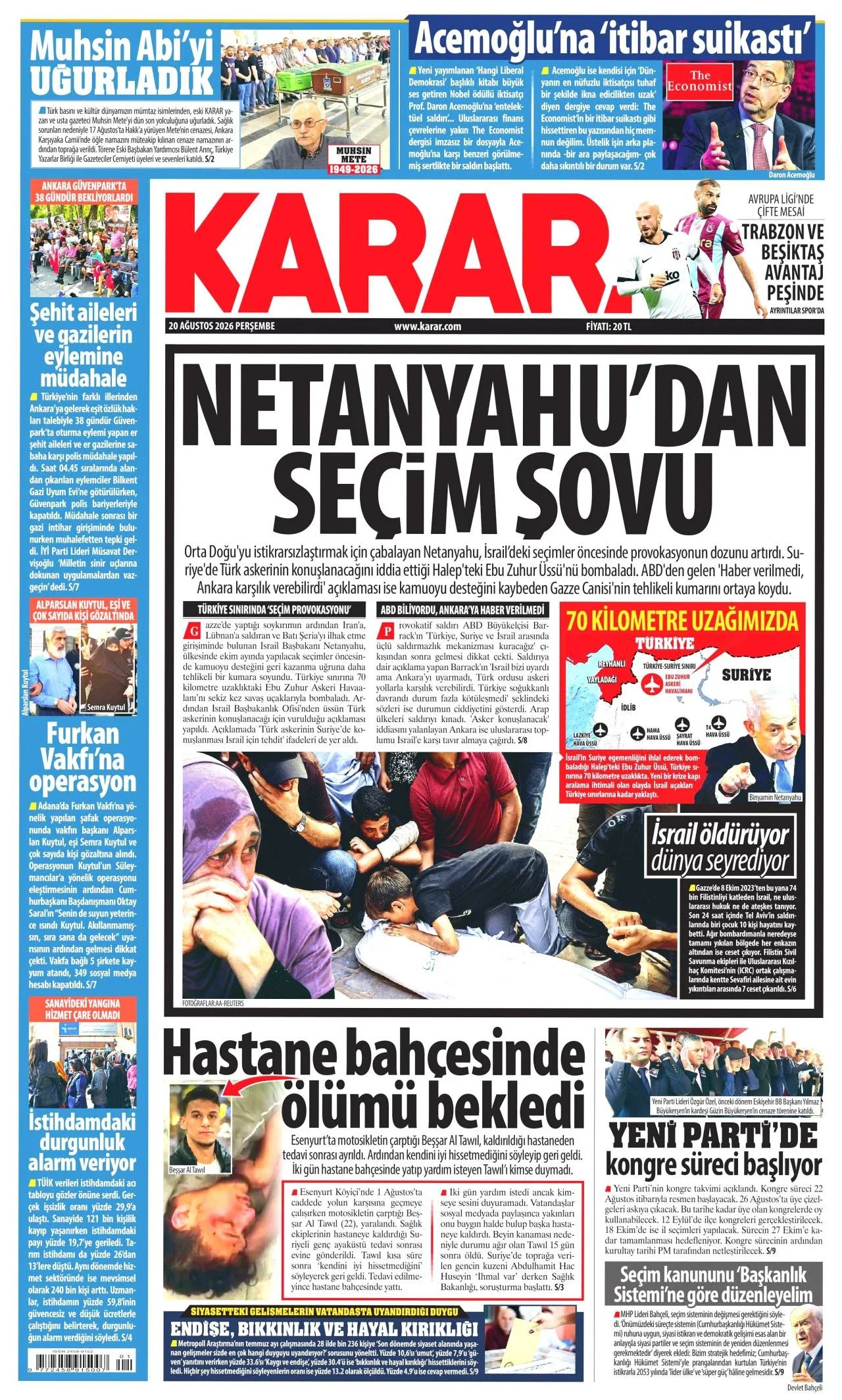 Karar Gazetesi birinci sayfası - 20 Ağustos 2026