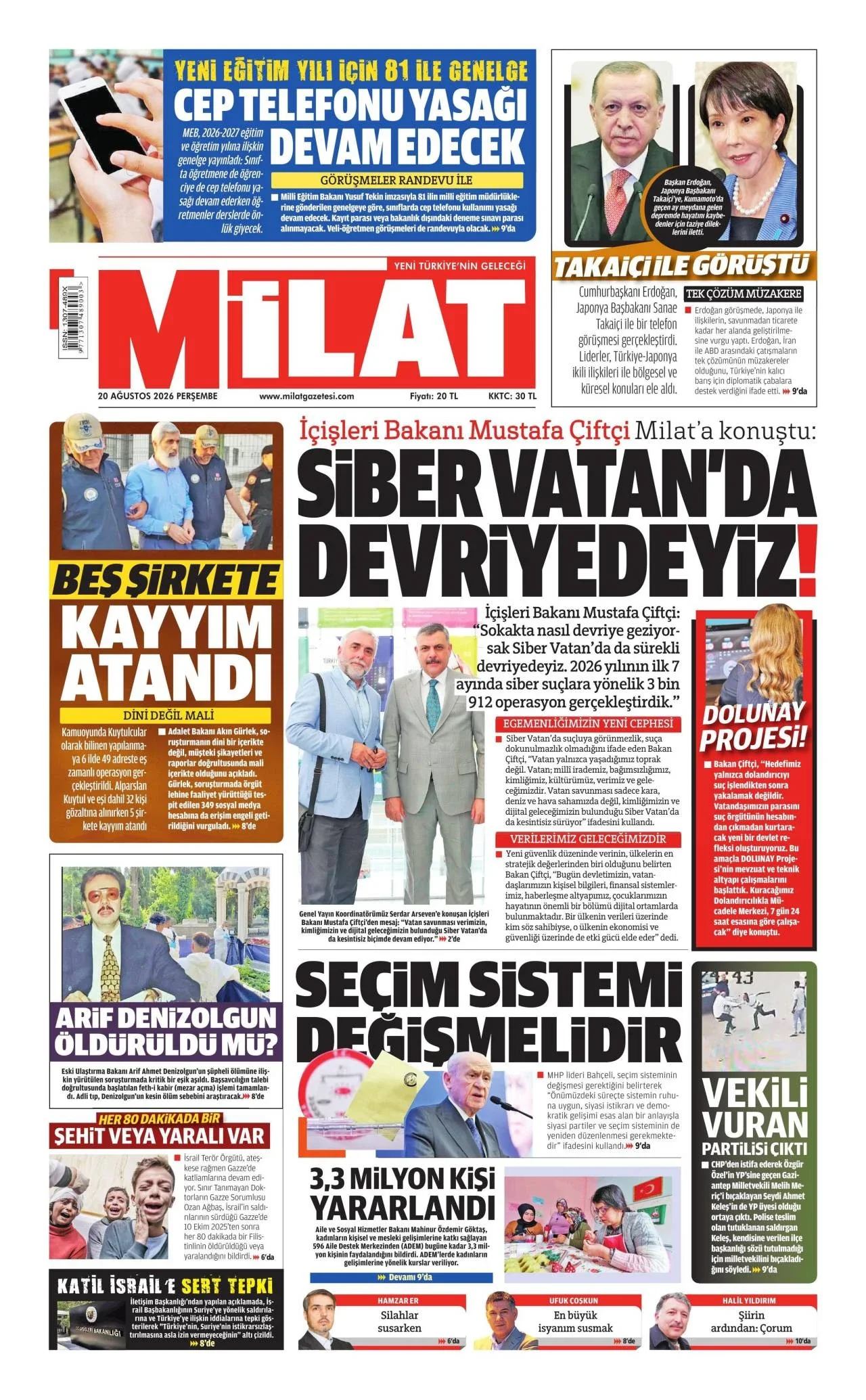 Milat Gazetesi birinci sayfası - 20 Ağustos 2026