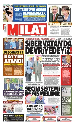 Milat Gazetesi 20 Ağustos 2026 günün manşeti