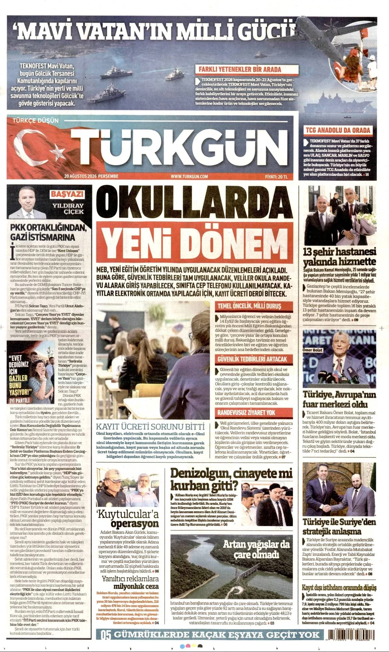 Türkgün Gazetesi birinci sayfası - 20 Ağustos 2026