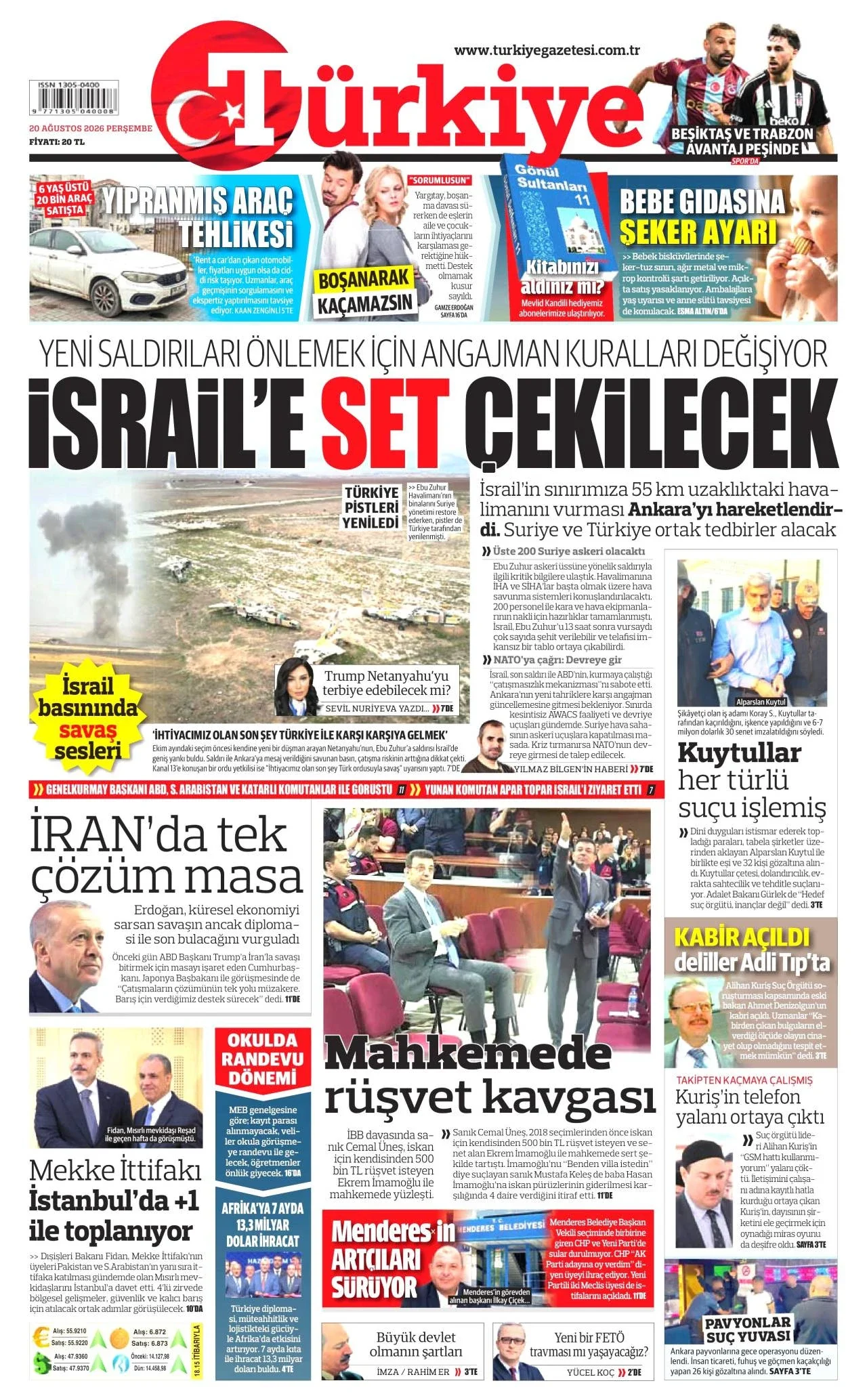 Türkiye Gazetesi birinci sayfası - 20 Ağustos 2026