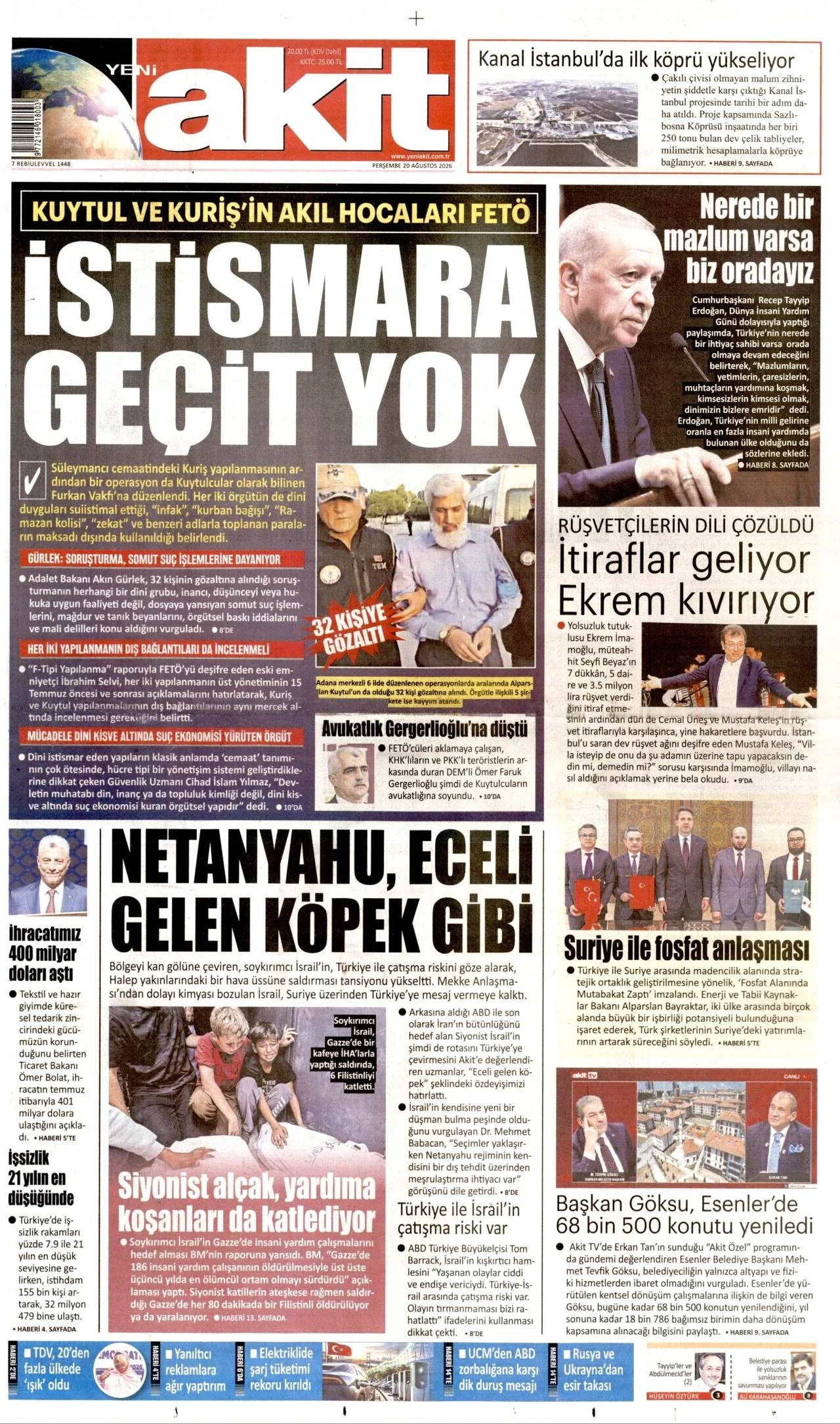 Yeni Akit Gazetesi birinci sayfası - 20 Ağustos 2026