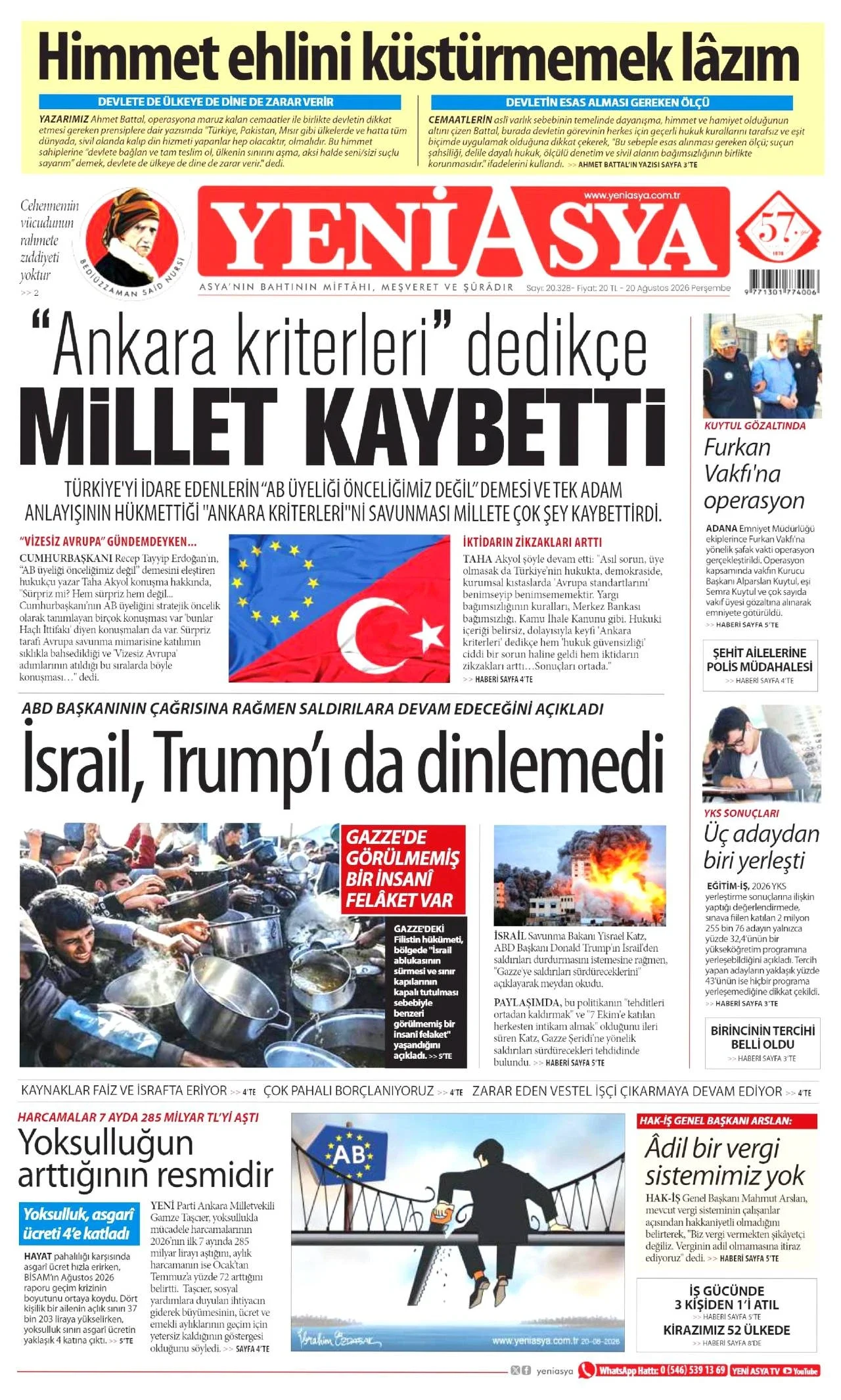 Yeni Asya Gazetesi birinci sayfası - 20 Ağustos 2026