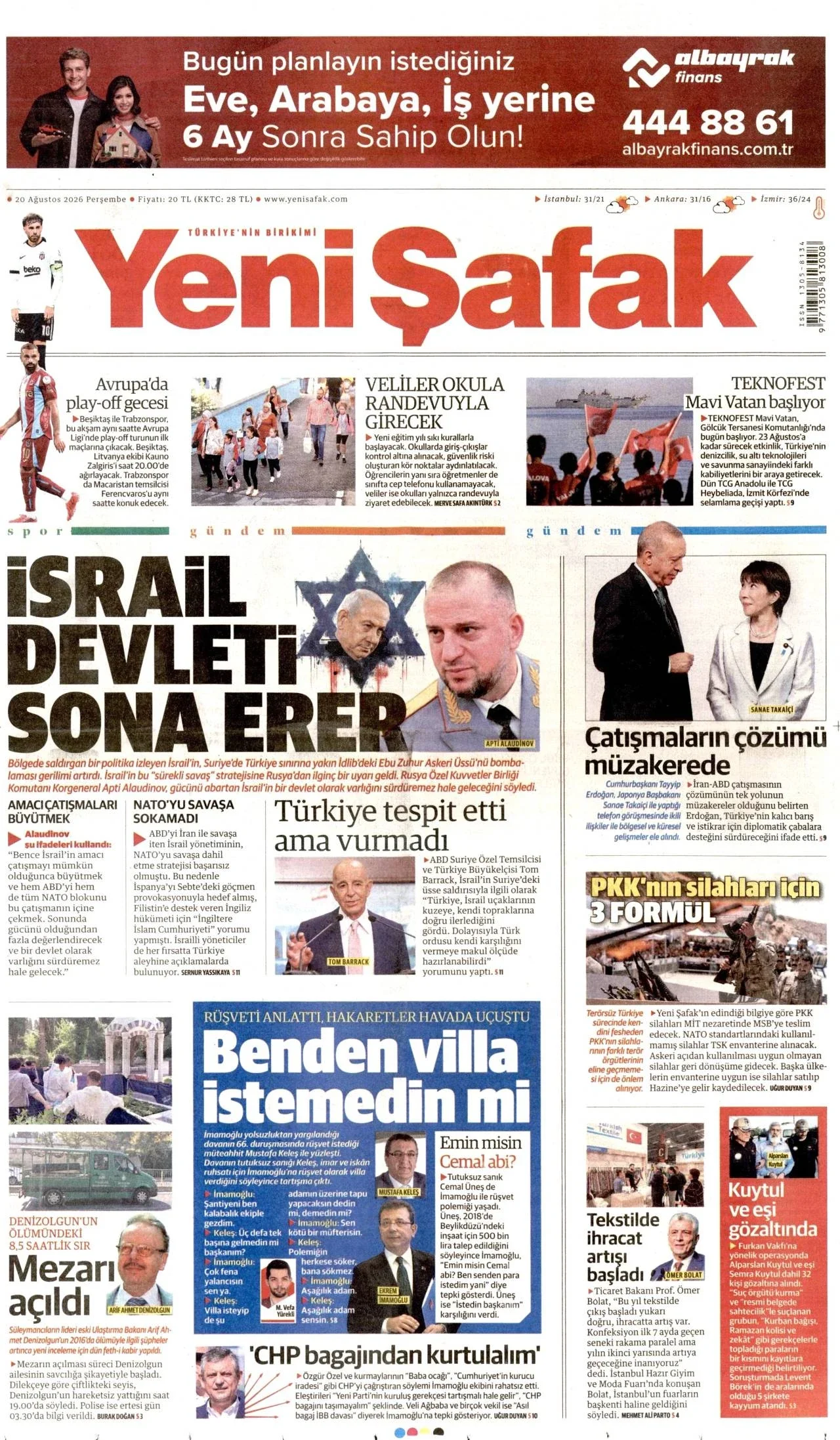 Yeni Şafak Gazetesi birinci sayfası - 20 Ağustos 2026