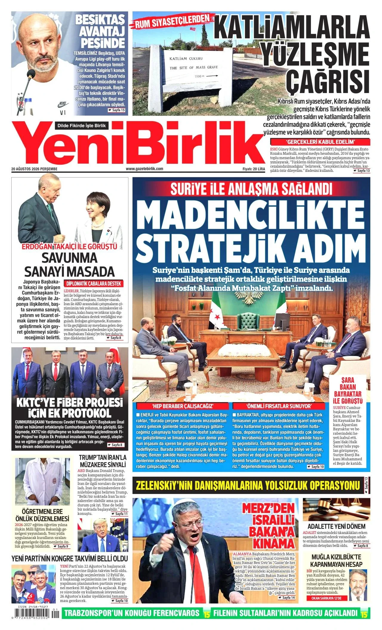 Yeni Birlik Gazetesi birinci sayfası - 20 Ağustos 2026