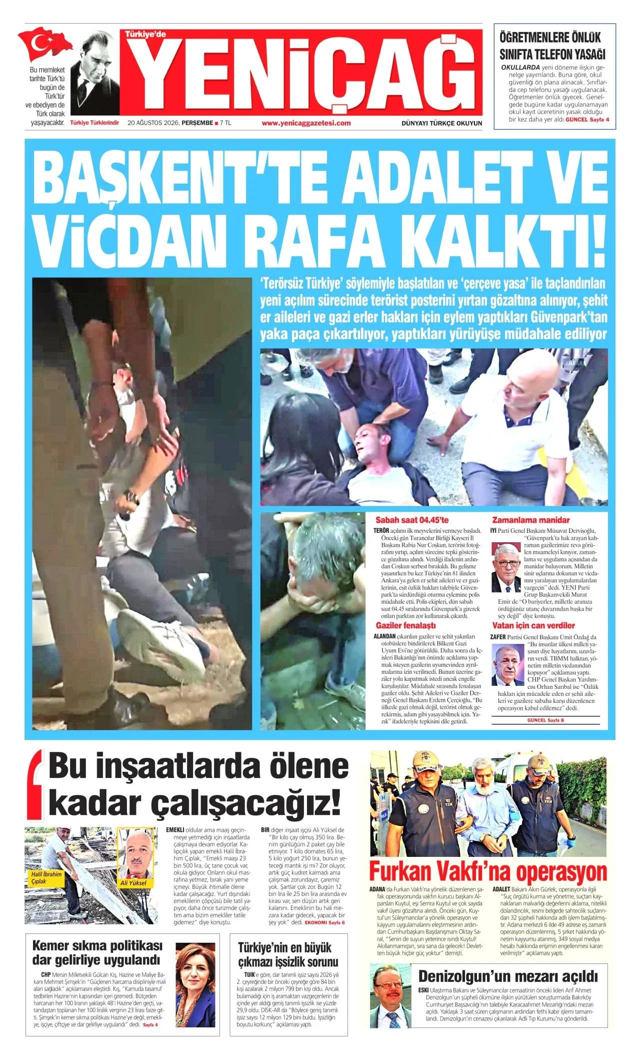 Yeniçağ Gazetesi birinci sayfası - 20 Ağustos 2026